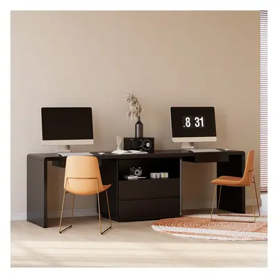 2-Person Double Computer Desk Modern Black Retangular Office Desk with 4 Drawers & 1 Cabinet (24