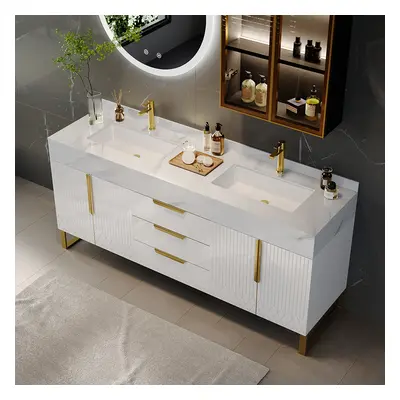 59" Bathroom Vanity Freestanding Cultured Marble Top with Double Sink Drawers & Doors White