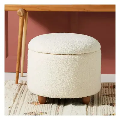 Modern White Boucle Vanity Stool with Lifted Top Storage Round Ottoman with Walnut Legs