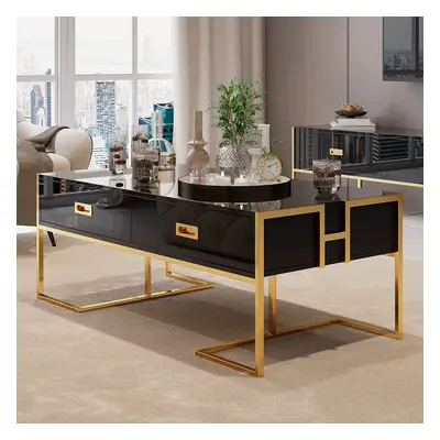 Jocise Contemporary Black Rectangular Coffee Table with Drawers Lacquer Gold Base