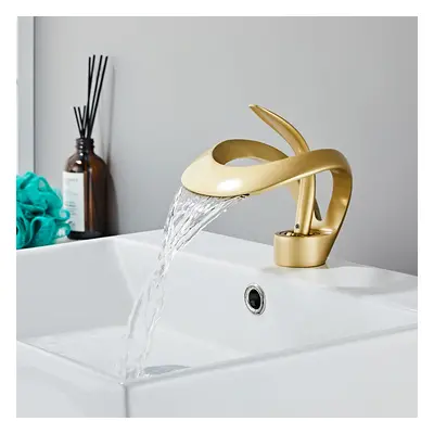 Modern Elegant Waterfall Bathroom Basin Tap Single Lever Handle Solid Brass in Gold