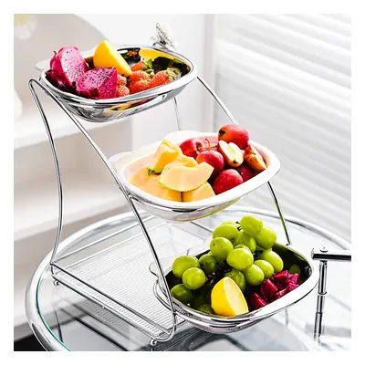 3 Tiered White & Silver Fruit Basket Decor Ceramic Snack Tray with Acrylic Storage