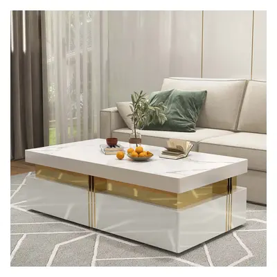 Trimied Modern Wood Coffee Table with Storage in White Center Table Stainless Steel Base