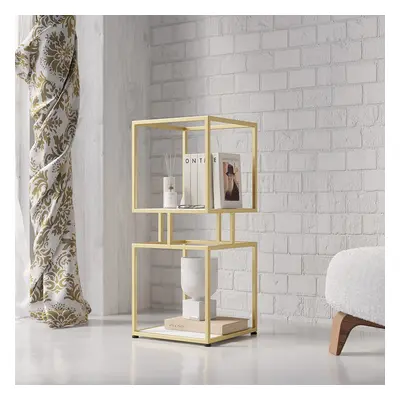 2-Tier Modern Gold Cube Bookcase with Metal Tower Display Shelf