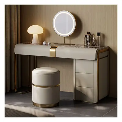 Modern Grey Makeup Vanity Set with Side Cabinet Dressing Table with Mirror & Stool