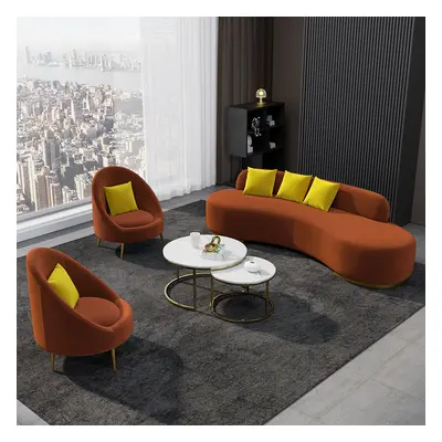 Orange Velvet Upholstered Curved Sofa Living Room Set of 3 With Pillows Chairs 3-seater