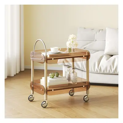 Wooden Natural Rolling 2-Tier Bar Cart on Wheel with Stainless Steel Handle Glass