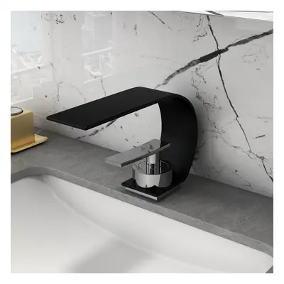 Single Lever Handle Waterfall Arc Bathroom Mixer Tap Black & Chrome Solid Brass