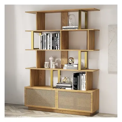 5-Tier Natural Wood Bookshelf with 2 Doors Modern Bookcase in Gold Finish