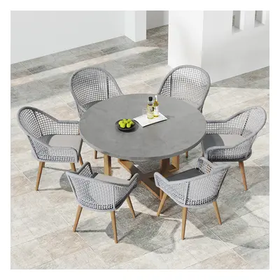 7 Pieces Teak Round Outdoor Concrete Dining Set with Gray Table Woven Armchair 6-Person