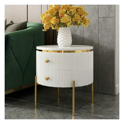 Yelly Modern Round End Table With Storage Drawers White Faux Marble Side Table Gold Legs