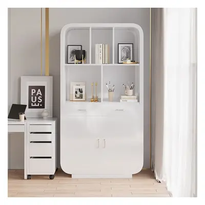 2010mm White Bookcase with Doors Modern Etagere Bookcase with Drawers Bookshelf with Rich Storag