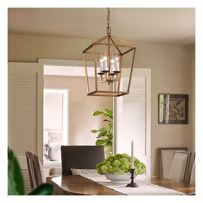 Rustic Geometric Cage Frame 4 Candle Light Kitchen Foyer Pendant Light in Brass