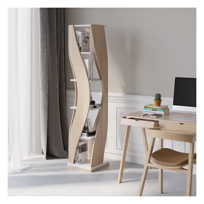 5 Shelf Loft Geometric Narrow Bookshelf Curved Swivel Bookcase in White & Natural