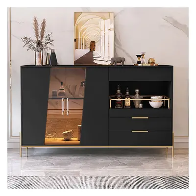 Dolawn Modern 55.1" Black Sideboard Buffet Tempered Glass Doors & Shelf Tray Wine Rack