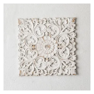 560mm French Country Square Wood Wall Decor Distressed White Carved Flower