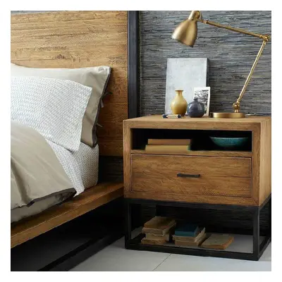 Rustic Nightstand Walnut Pine Wood Bedside Table with 1 Drawer in Black