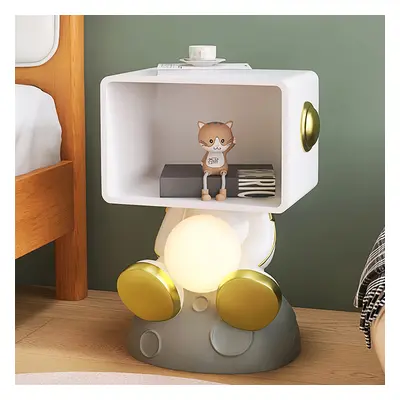 Modern White & Gold Bedroom Nightstand with Light & Open Storage Astronaut Dimmable Nightstand