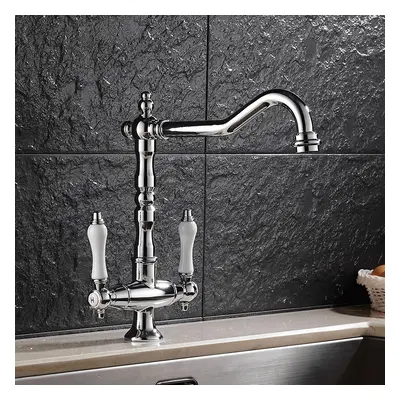 Porcelain Double Handles Single Hole Brass Kitchen Faucet in Polished Chrome