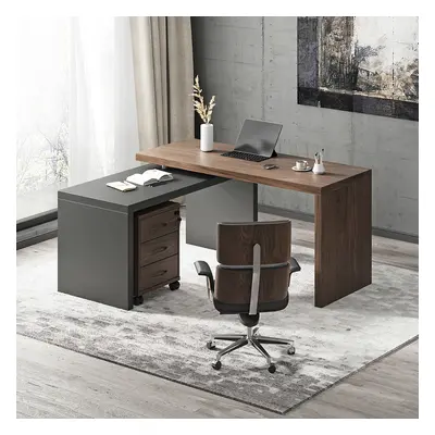 Modern L Shaped Executive Office Desk with with Movable File Cabinet Black & Walnut Swivel Desk 