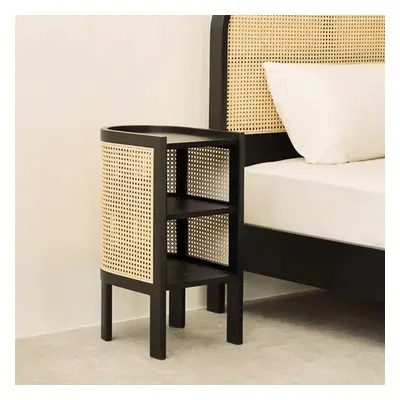 620mm Black Bedside Table Semi-Circle Rattan Bedside Table with 1 Shelf