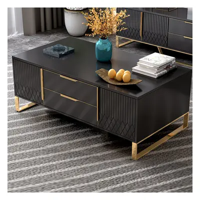 Aro Nordic Rectangular Black Coffee Table with Storage of Drawers & Doors in Gold