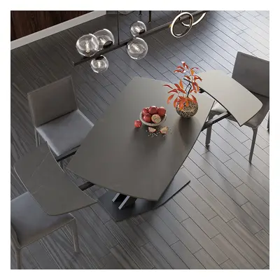 71" Modern Expandable Gray Faux Marble Dining Table with Leaf X-Base 4-6 Person