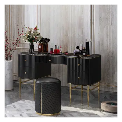 Bline Black Makeup Vanity Table Faux Marble Dressing Table with Drawers Stainless Steel