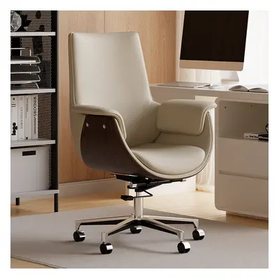 Grey Leather Modern Home Office Chair Upholstered High Back Desk Chair Wood Grain Frame