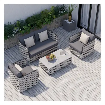 4 PCS Rope Outdoor Sofa Set with Marble Coffee Table Modern Yard & Patio Furniture for 4 Person 