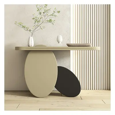 1000mm Modern Console Table Oval Wood Entryway Table with Abstract Circle Base Light Khaki & Bla