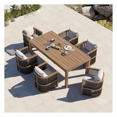 7 Pieces Outdoor Dining Set For 6 with Rectangle Table & Rope Woven Armchair in Natural