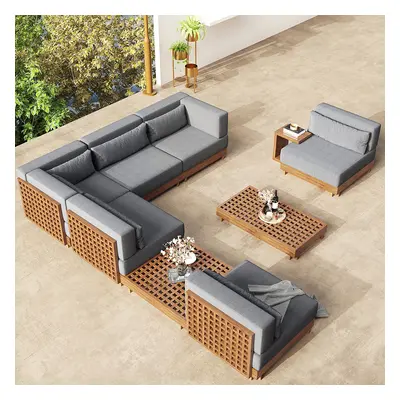 9-Pieces Teak Luxury Modular L-Shaped Outdoor Patio Sectional Sofa Set in Gray with Coffee Table