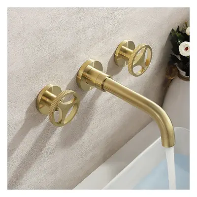 Ave Industrial Wall Mount Bathroom Mixer Tap Brushed Gold 2 Wheel Handles Solid Brass