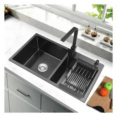 820mm Black Stainless Steel Kitchen Sink Double Bowls Drop-In Sink with Waste