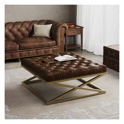 Top Grain Genuine Leather Square Coffee Table Brown Tufted Ottoman Antique Brass Frame