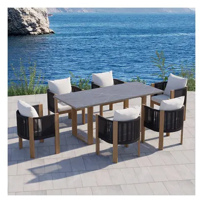 7 PCS 70.9" Faux Marble Outdoor Dining Table Set with Woven Rope Chairs in Gray for 6 Person Pat