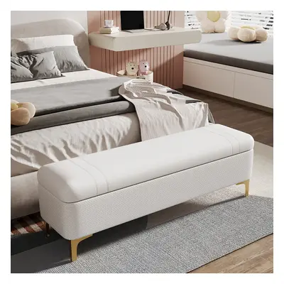 Modern White PU Leather Bedroom Flip Top Storage Bench with Gold Stainless Steel Legs