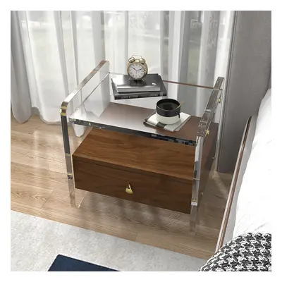 Modern Clear Acrylic Wood Nightstand with Storage & Shelf for Bedroom