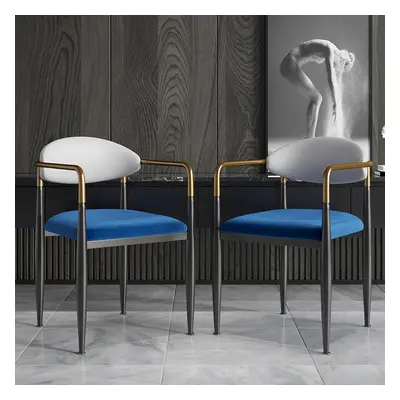 Set of 2 PU Leather Dining Chair Velvet Upholstered White & Blue Dining Room Chairs with Arms