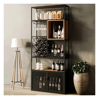 Industrial Tall Black Bar Wine Rack Cabinet with Glass Holder Wood Floor Home Bar Cabinet with S