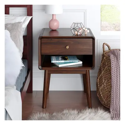 Rustic Walnut Wooden Nightstand 1-Drawer Bedside Table with Brass Pull