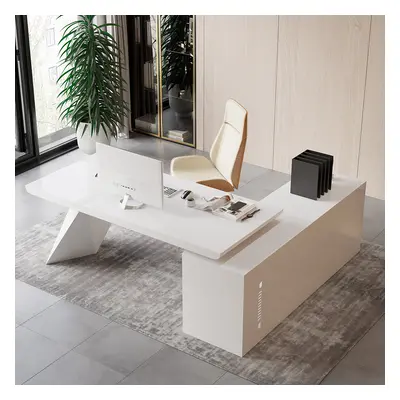 Modern White Large L-Shape Executive Desk with Drawers & Cabinet Left Hand Office Furniture (180