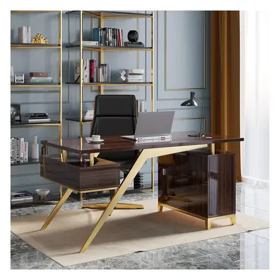 Hungled 1400mm Modern Sandalwood and Gold Computer Writing Desk with Storage & Drawer