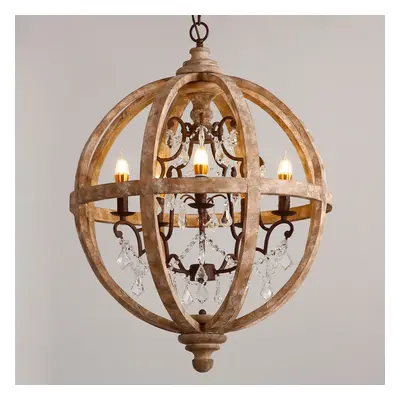 Retro Rustic Weathered Wooden Globe Caged Rust Metal Scroll Crystal 5-Light Chandelier