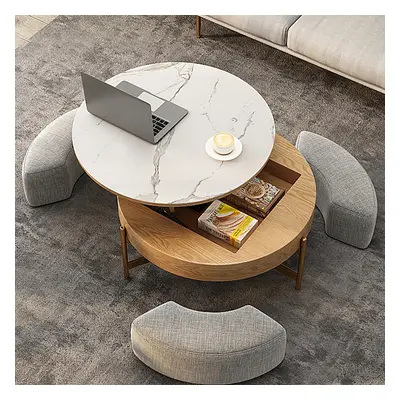 Round Lift-Top Coffee Table Set with 3 Ottomans and Storage White Tabletop and Light-Wood-Colore