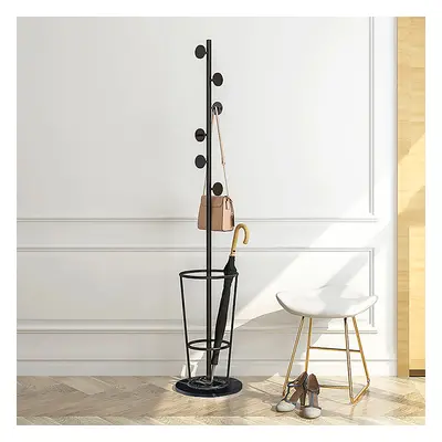 1700mm Hallway Metal Round Hooks Coat Stand with Umbrella Stand Base-Black