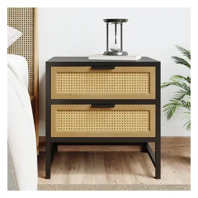 Modern Wood Nightstand Rattan Nightstand with 2 Drawers Storage for Bedroom