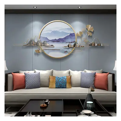 Modern Ginkgo Leaves Metal Wall Decor Gold & Blue with Landscape Patterns Living Room