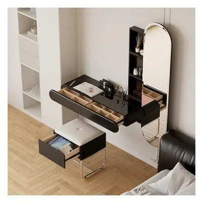 Modern Black Makeup Vanity Set Mirrored Dressing Table with Jewelry Storage & Glass Top